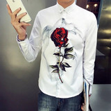 印花衬衫男长袖夏秋季韩版修身青少年学生个性图案薄款白衬衣潮流