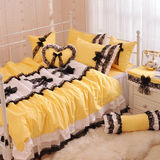 韩式家纺床品套件田园纯棉公主房床上用品 黄色蕾丝荷叶边四件套