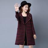 2016秋冬新款韩国单西装领女中长款针织毛衣外套开衫条纹羊毛大衣