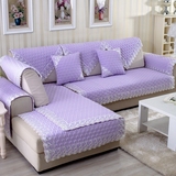 夏季新款沙发垫亚麻全棉蕾丝简约现代订做纯色浅紫色沙发巾沙发套