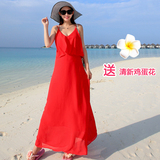 夏天吊带波西米亚显瘦沙滩裙长裙雪纺 海边度假红色连衣裙海滩裙