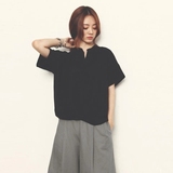 2016夏季韩版宽松简约短款T恤衬衫女小立领显瘦+阔腿七分裤两件套