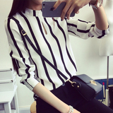 2016春季新品大码女装韩版黑白条纹时尚百搭上衣长袖修身打底衬衫