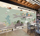 手绘海底世界鲸鱼伙伴艺术电视沙发背景墙壁纸墙纸 无缝大型壁画