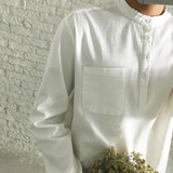 【JM】简约款 日系亚麻料小清新立领小口袋白色长袖衬衫衬衣男女