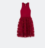 欧洲站春季女装新水溶蕾丝拼接无袖网纱中长款小红裙连衣裙