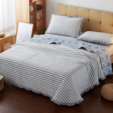 天猫京东毛毯夹棉简约绗缝条纹床盖三件套多功能合格品花边床单