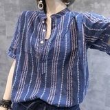 欧洲站2016夏装新款欧货 宽松显瘦条纹立领短款衬衫女上衣短袖潮