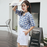 2016夏季新款韩版宽松大码中袖格子衬衫女五分袖百搭学生棉麻上衣