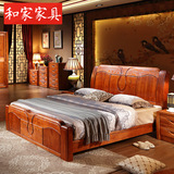 古典中式床榆木床 雕花全实木床 双人床气动高箱床储物床1.8米