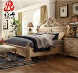 美式乡村实木雕花双人床婚床简约橡木原木色1.5/1.8米复古定制床