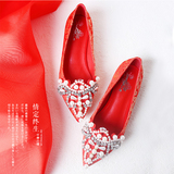 夏女士红色结婚鞋子中式秀禾服龙凤鞋尖头水钻新娘鞋平底孕妇红鞋
