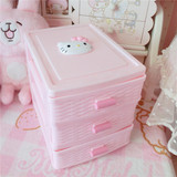 hello KT 猫头像粉色 桌面化妆品杂物收纳盒 置物盒 塑料3层盒