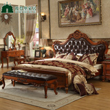 欧式真皮实木床别墅1.8米双人床结婚床美式实木雕花床头层牛皮床