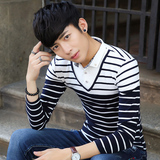男士长袖t恤韩版修身条纹体恤学生青少年春秋衬衫领假两件打底衫