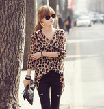 性感新款韩国个性雪纺豹纹衬衫长袖咖啡色单排扣翻领长款不规则女