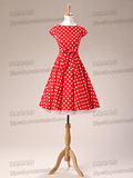 新品短袖红白大波点裙 修身显瘦复古赫本风连衣裙大摆裙 送腰带