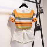 2016夏季新款韩版圆领套头短袖条纹冰丝针织衫撞色拼接打底上衣女