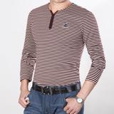 2016新款秋季男式长袖T恤莱卡棉氨纶弹力舒适条纹扣子V领体恤衫