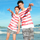 新款海边密月大码情侣T恤 条纹圆领修身短袖度假套装女韩版夏装潮