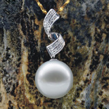 超大13-14mm白色珍珠吊坠正品珍珠吊坠正圆海水白珍珠18金镶钻托
