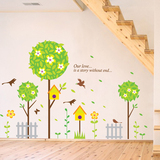可爱儿童房背景墙贴创意田园房间装饰品春天绿色卡通贴纸树林贴画