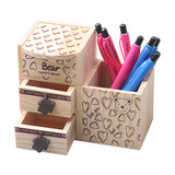 韩版 小熊木质笔筒 迷你桌面收纳柜 高低木质抽屉笔筒 饰品盒