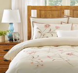 美式床上用品纯棉60支磨毛红色刺绣被套床单四件套 全棉田园4件套