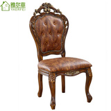 雅尔菲欧式餐椅 全实木餐桌椅子无扶手皮艺椅子 古典美式靠背椅子