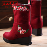 老北京布鞋女靴子短靴 短筒单靴民族风绣花靴高跟坡跟雪地靴女鞋