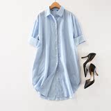 22154 欧美范 蓝白条纹宽松翻领衬衫中长款女夏季短袖纯棉衬衫裙