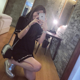 韩版2016夏季新款黑色中长款T恤女短袖珍珠显瘦气质连衣裙钉珠潮
