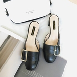 拖鞋女夏季新款 韩版时尚帅气皮带扣包头圆头中跟半拖鞋黑色白色