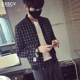 Exscv春装男士韩版修身立领夹克衫 格子休闲外套青年学生薄款男装
