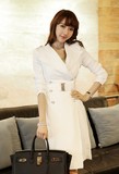 韩国代购女风衣外套中长款2016韩版新白色修身显瘦薄款双排扣大衣