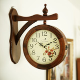欧式双面钟 实木挂钟 创意时尚田园客厅时钟 石英双面钟表 两面钟