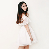 2016新款女装韩版小清新夏季高腰荷叶边白色一字领吊带蕾丝连衣裙