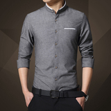 皇英格立领衬衫男士长袖春季衬衣修身韩版中国风潮流时尚男装上衣