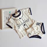 INS爆款童装男童女宝宝条纹洋基队棒球服婴儿纯棉短袖+短裤套装