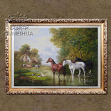 纯手绘油画 高档动物  古典风景 有框油画 欧式客厅玄关挂画 横幅