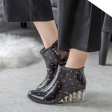 特价包邮最新平底坡跟时尚水靴加绒保暖雨靴女韩国女中短高跟雨鞋