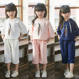 韩版春夏新款纯色卡通女童卫衣纯棉运动套装休闲可爱连帽两件套