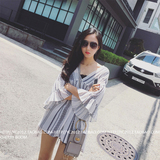 2016夏装新款喇叭袖V领五分袖雪纺连衣裙 宽松印花短裙学生韩国
