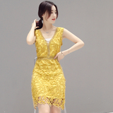 2016夏装新款韩版修身蕾丝包臀无袖中长款V领连衣裙性感漏背裙女
