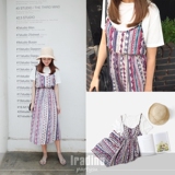 韩国夏甜美复古民族风花纹大摆吊带裙拼t恤假两件旅行渡假连衣裙