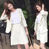 韩版简约纯色套装女夏七分袖小西装薄外套+半身裙OL两件套女夏潮