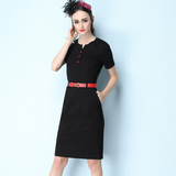 夏季品牌女装名媛优雅职业气质连衣裙中长款修身ol工作服短袖黑色