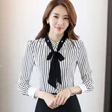竖格子衬衫女长袖黑白条纹OL衬衣韩版V领职业装大码商务工作制服