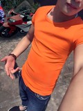精神社会小伙短袖t恤男韩版简单修身欧美 纯色紧身橙色体恤衫上衣