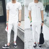 学生运动服套装男夏潮流韩版两件套t恤白色条纹格子修身九分裤男